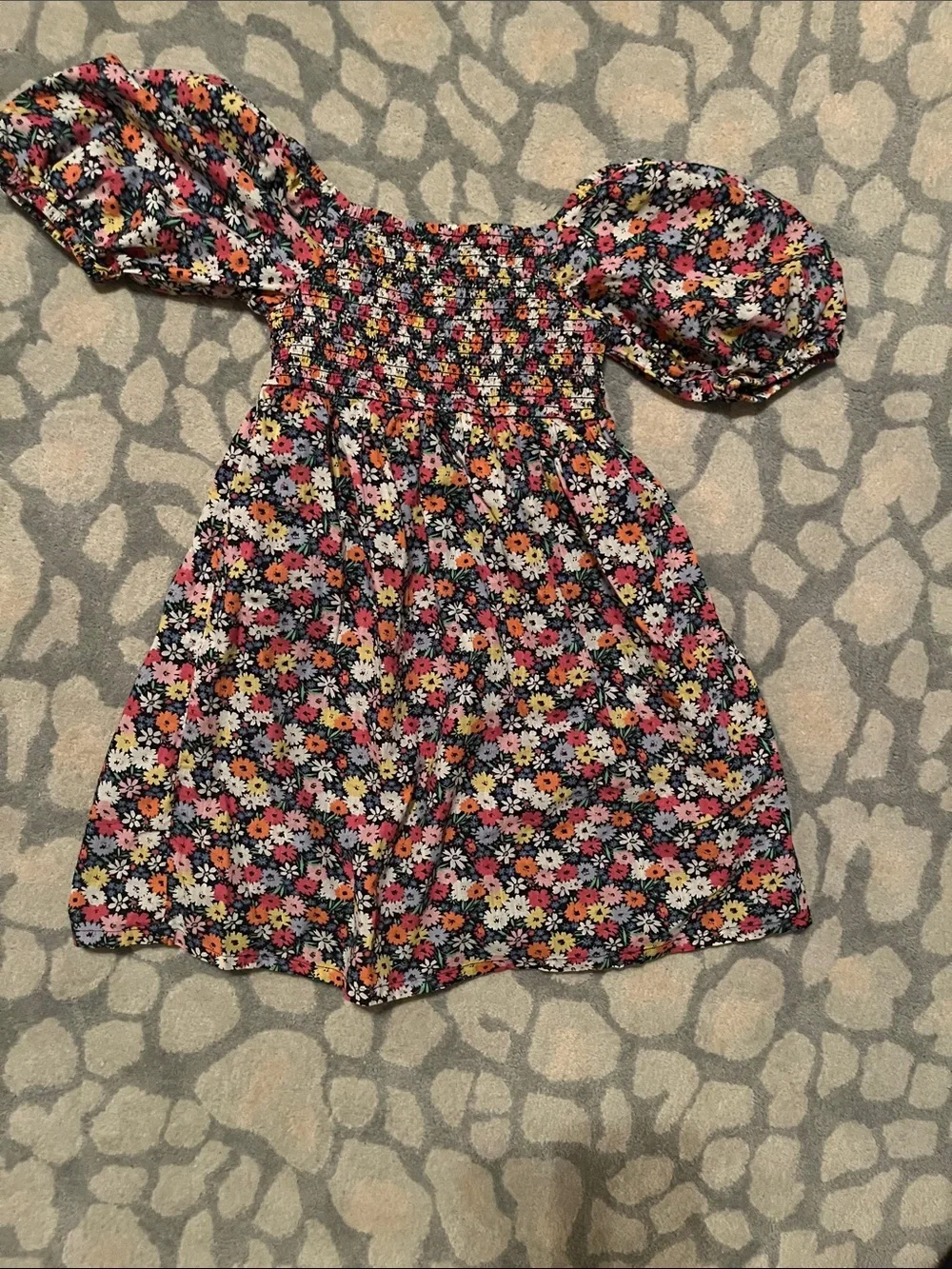 GAP Navy Floral Smocked Puff-Sleeve Dress with Pink & Yellow Flowers
